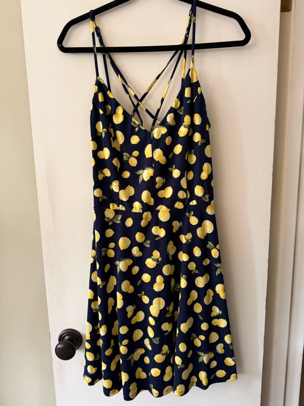 Nine Britton Wedding Guest Cottagecore Navy Dress with Yellow Lemons
